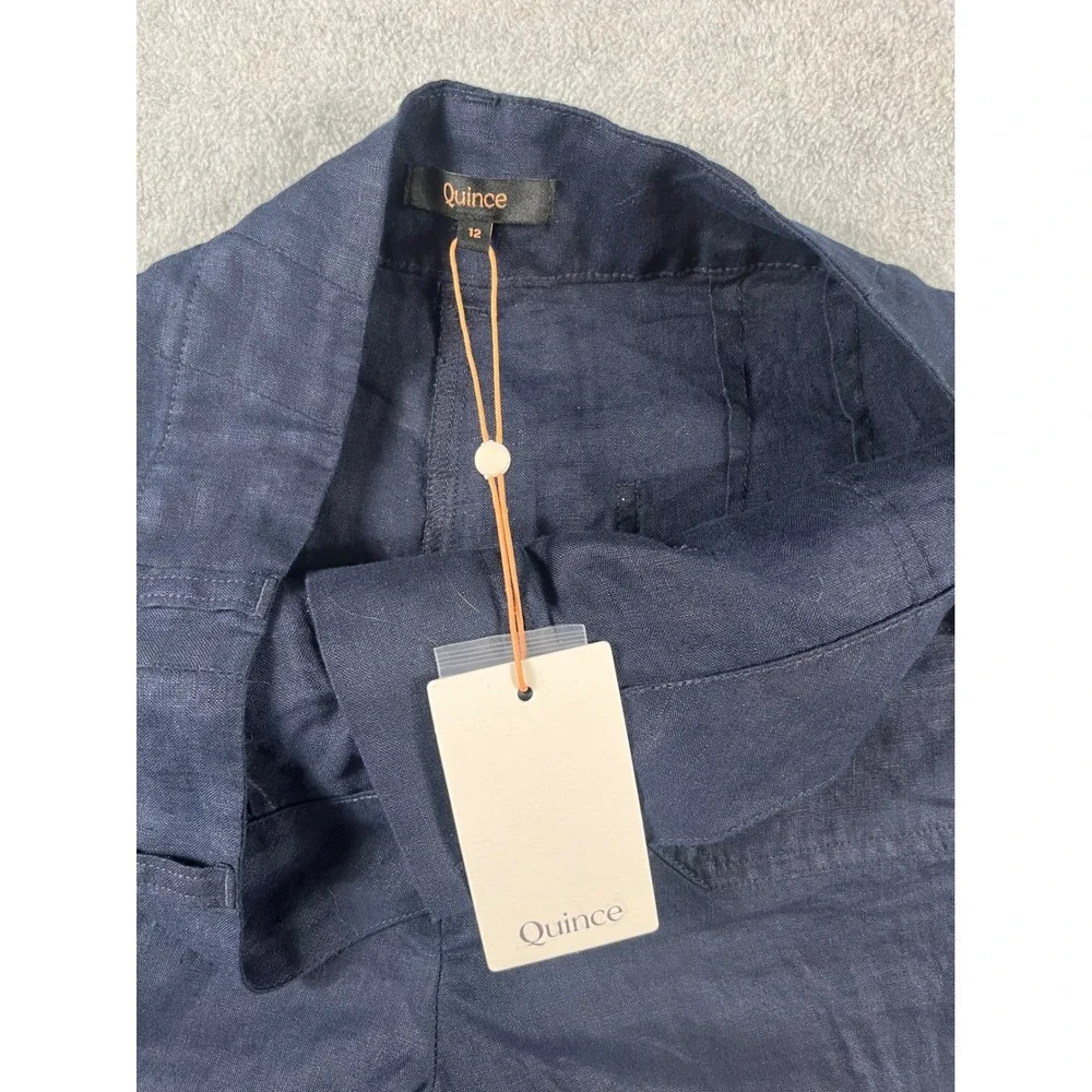 NWT! Quince Womens Navy 100% European Linen Patch Pocket Wide Leg Pants Size 12